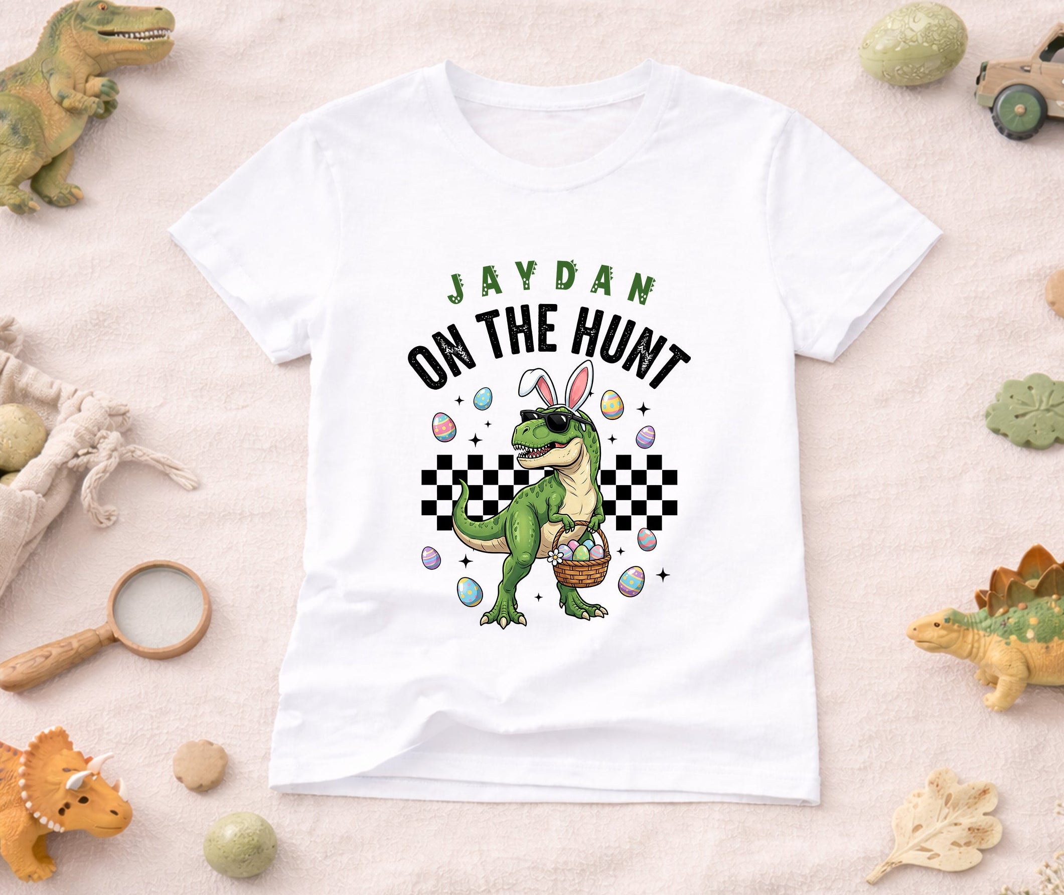 personalised dinosaur easter t shirt for boys with name
