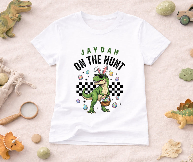 personalised dinosaur easter t shirt for boys with name