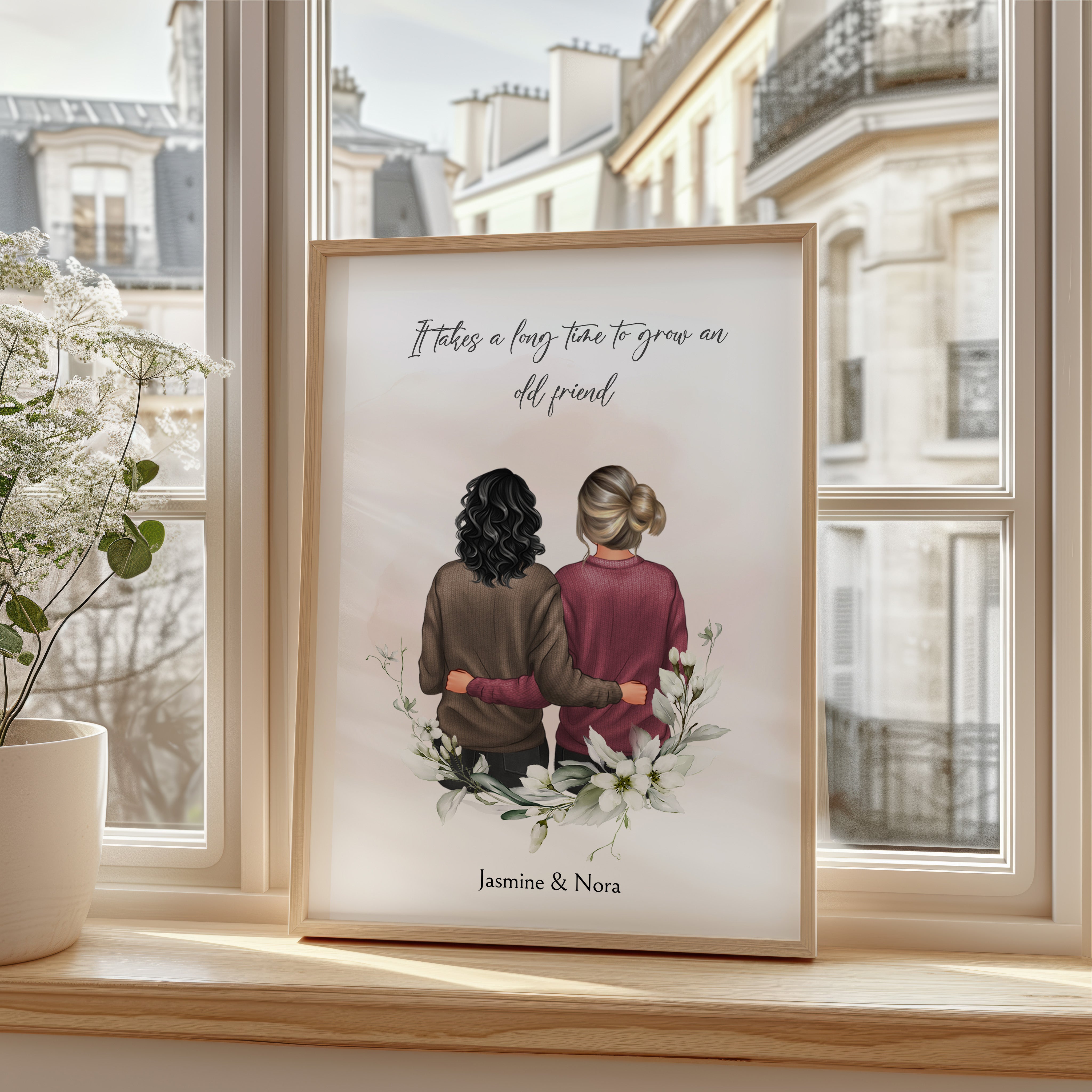 personalised old friend print with two women hugging, floral wreath, custom names