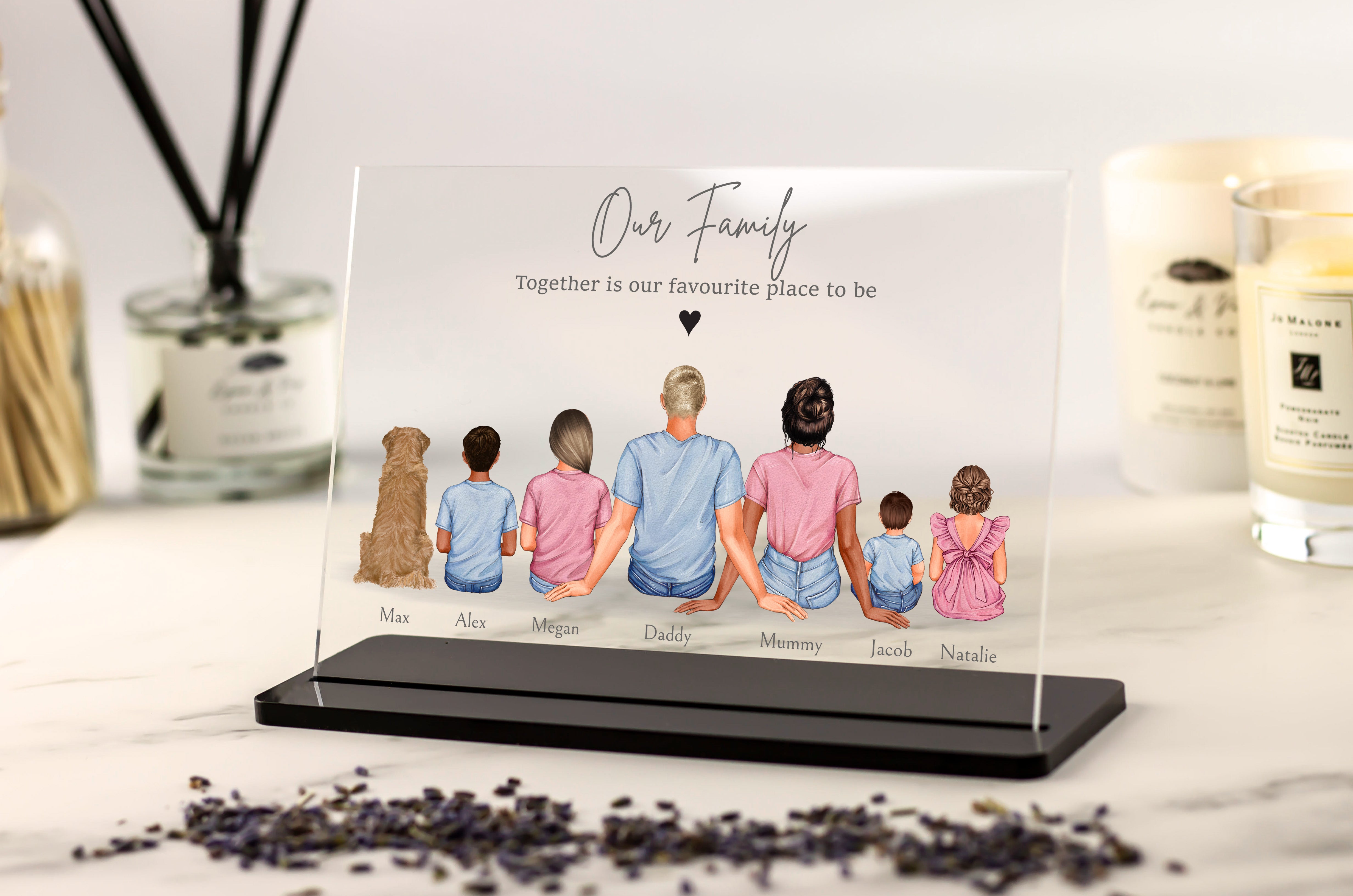 Personalised Family Acrylic Plaque with Pets – Custom Family Portrait ...