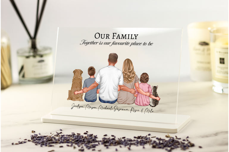 personalised family illustration acrylic plaque with adults children and pets