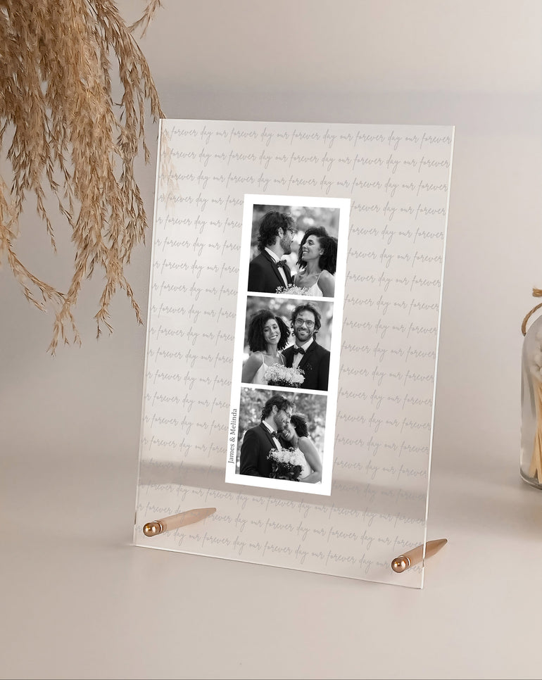 Our Forever Day three photo acrylic plaque with layered wedding text background and metal rod stand for newlyweds keepsake