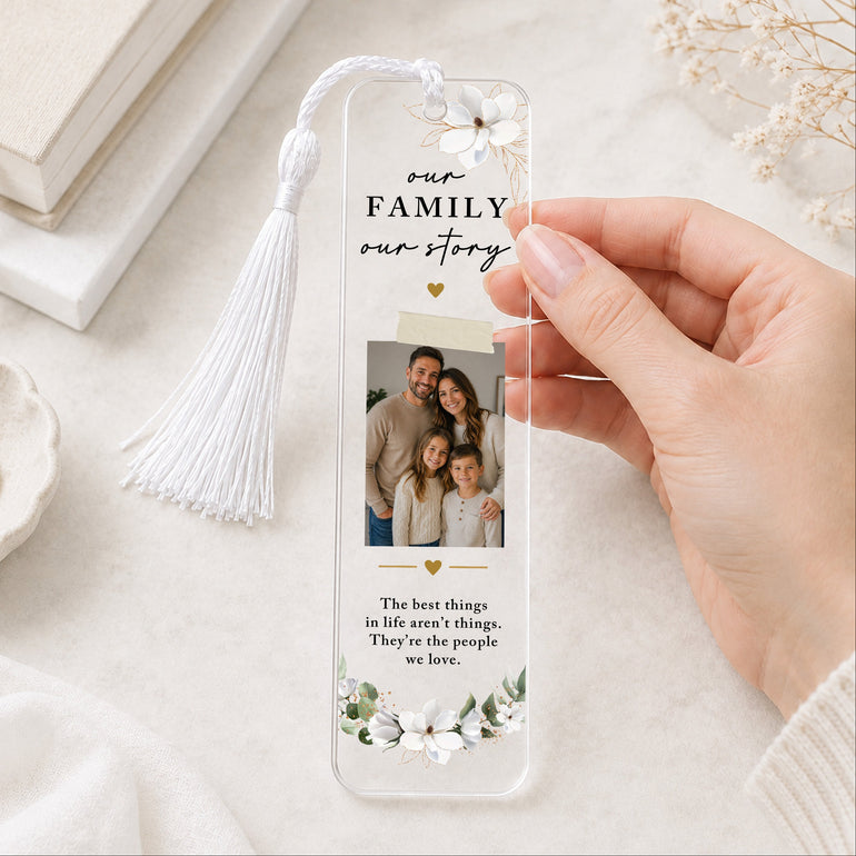 Personalised family photo bookmark with Our Family Our Story quote, white floral design and white tassel.