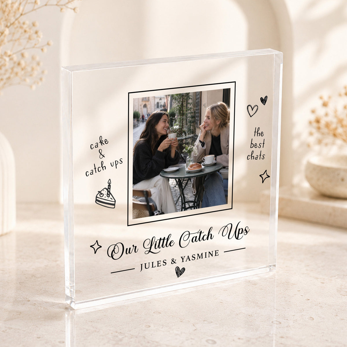 Personalised Our Little Catch Ups best friend photo block with friendship photograph, two names, cake, hearts and chat doodles