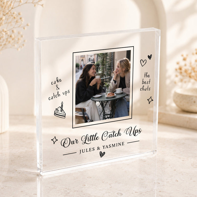 Personalised Our Little Catch Ups best friend photo block with friendship photograph, two names, cake, hearts and chat doodles