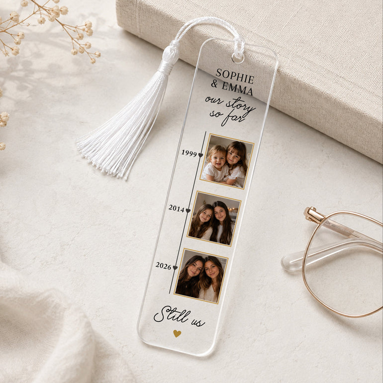 Personalised friendship timeline bookmark with three then and now photos, names, years and white tassel.