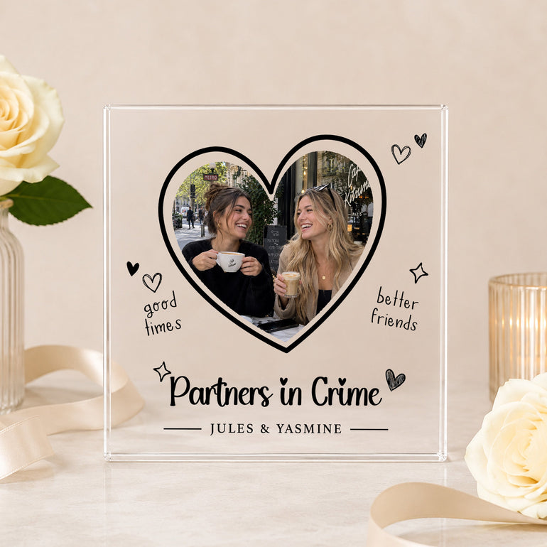Personalised Partners in Crime best friend photo block with heart shaped friendship photo, two names and hand drawn hearts
