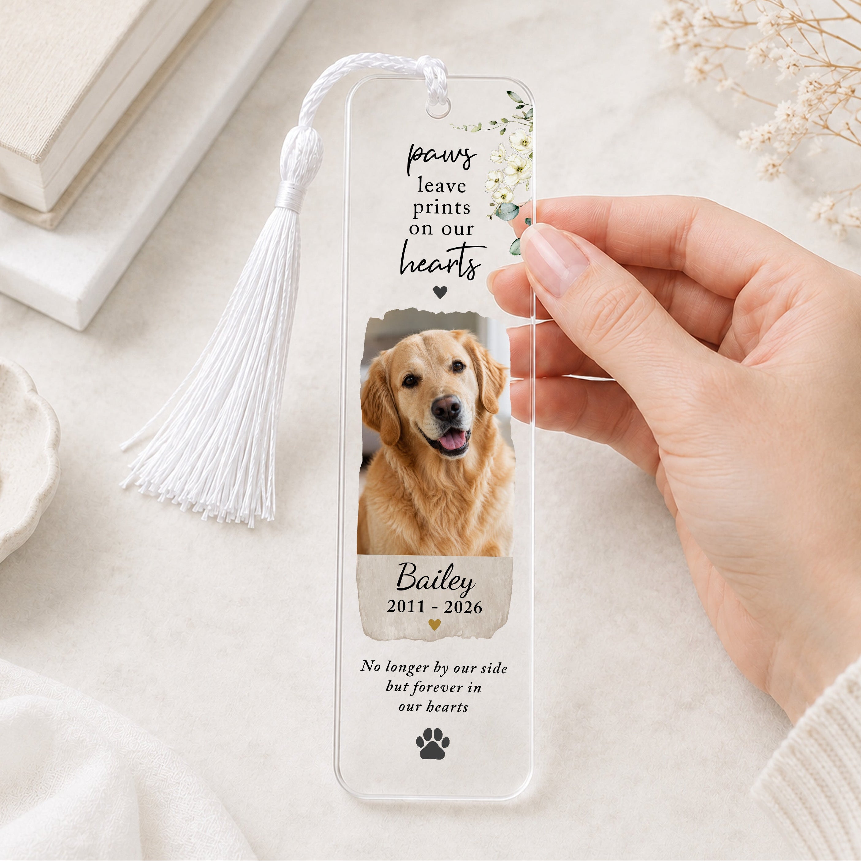 Personalised pet memorial photo bookmark with dog photograph, name, memorial dates, paw print design and white tassel.