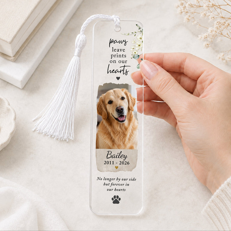 Personalised pet memorial photo bookmark with dog photograph, name, memorial dates, paw print design and white tassel.