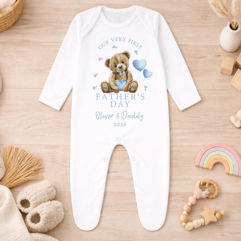 personalised baby grow fathers day teddy bear design