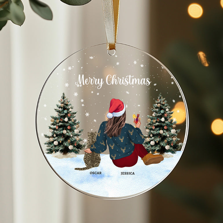 Personalised Christmas bauble with woman and cat illustration, custom pet ornament