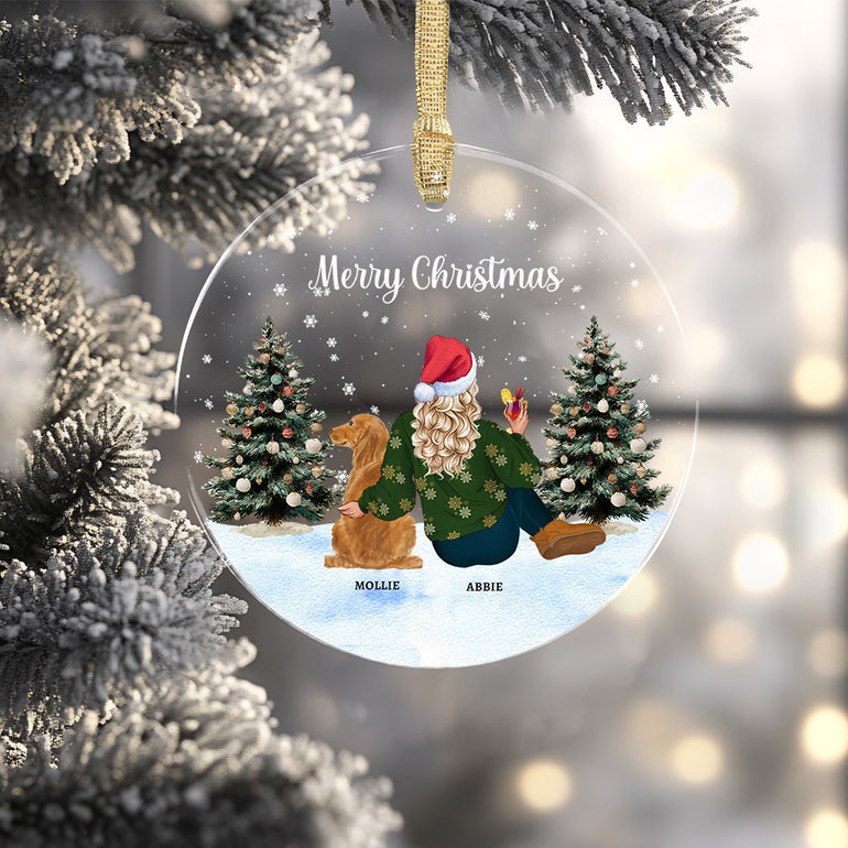 Personalised pet and owner acrylic bauble with Christmas trees