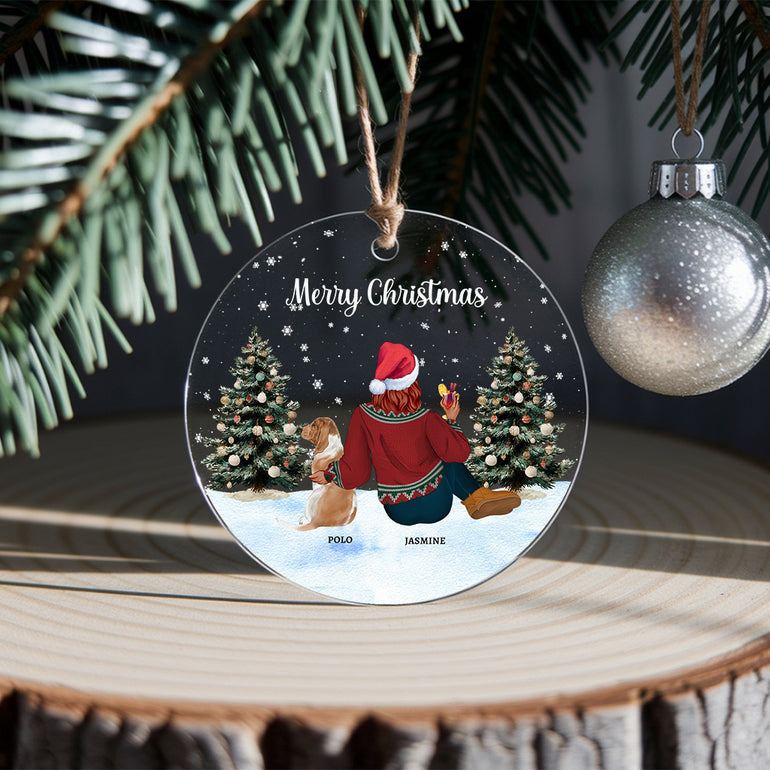 Custom dog mum Christmas bauble featuring woman and dog illustration