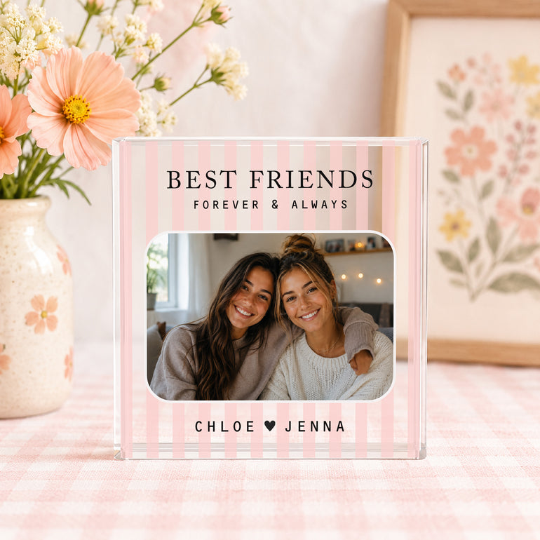 Pink striped personalised best friend acrylic block with one friendship photo, fixed wording and personalised names.