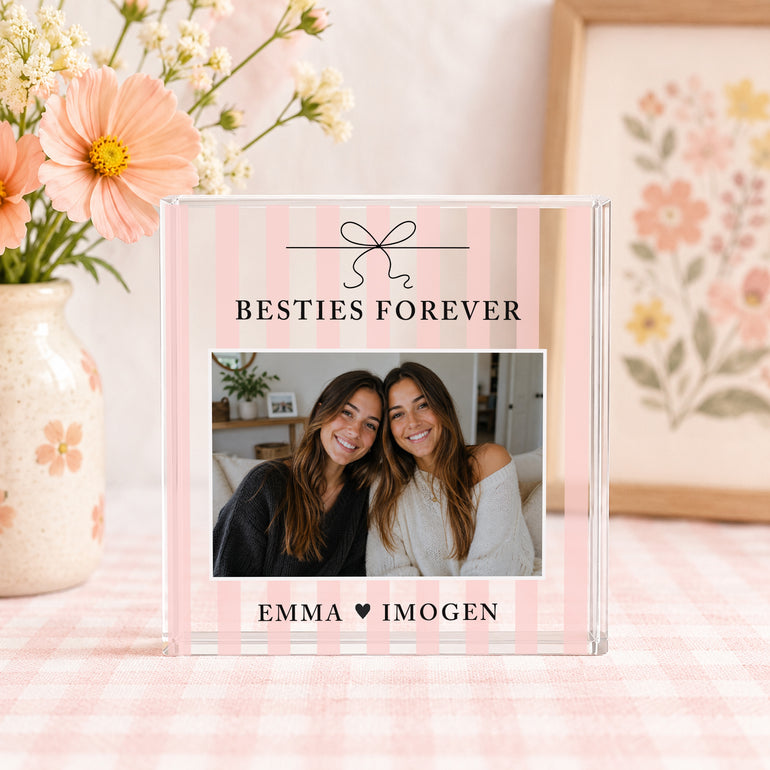 Pink striped personalised bestie gift photo block featuring Besties Forever wording, line-art bow, friendship photo and two names.