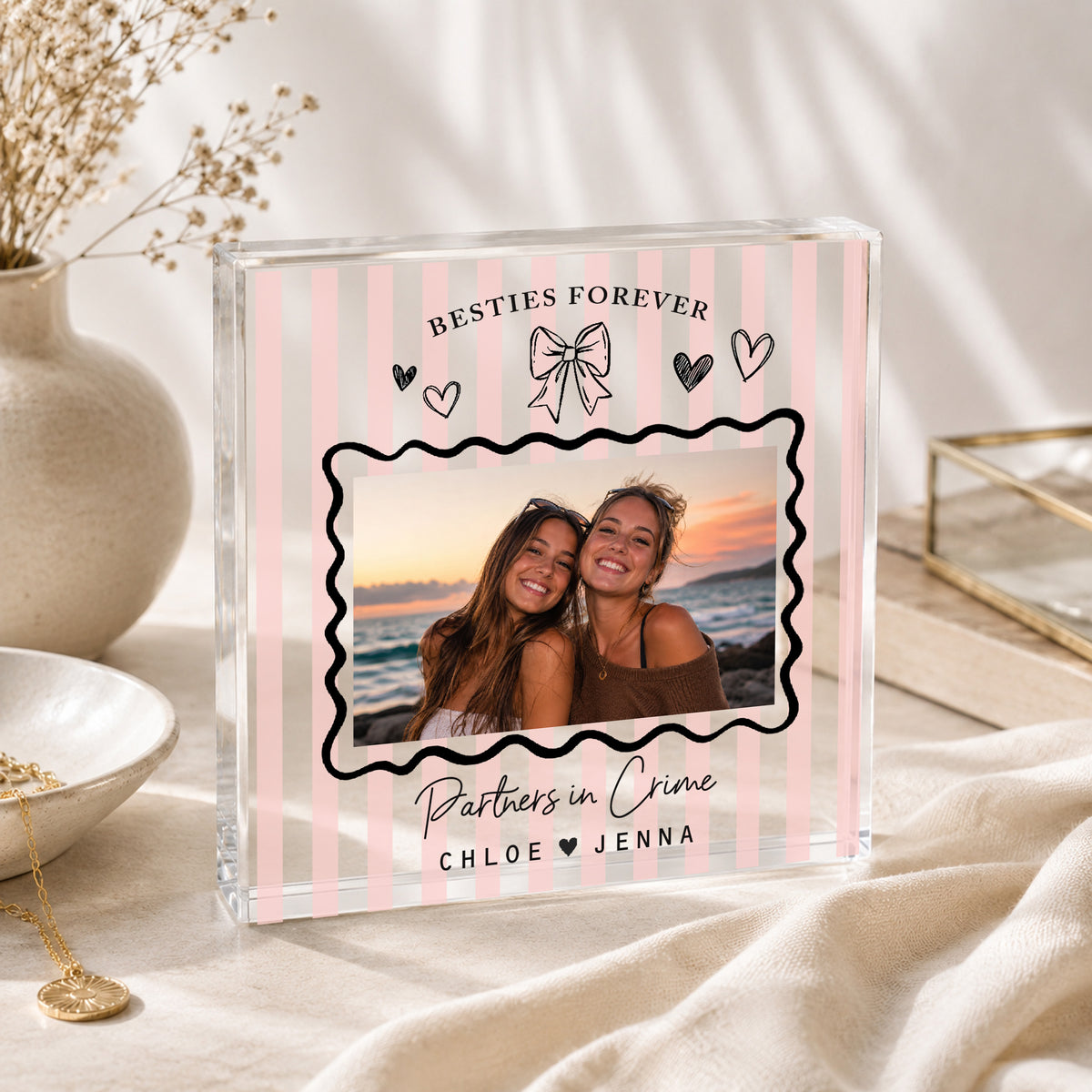 Pink striped personalised best friend photo block with custom wording, wavy border and friendship photo.