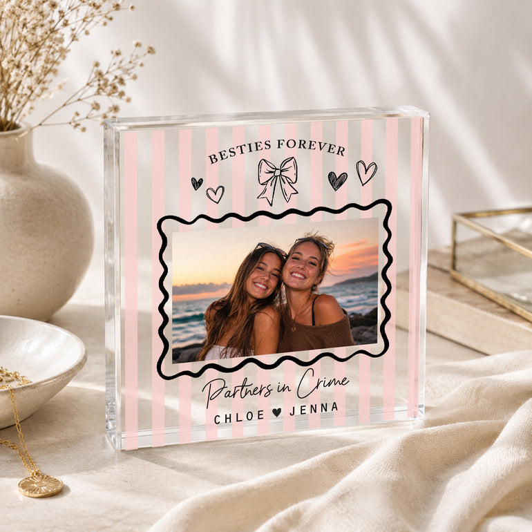 Pink striped personalised best friend photo block with custom wording, wavy border and friendship photo.