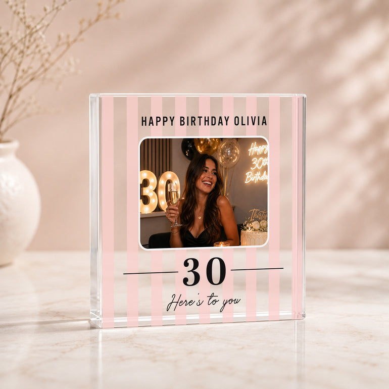 Pink striped personalised birthday acrylic photo block with one photo, custom age and Happy Birthday wording.
