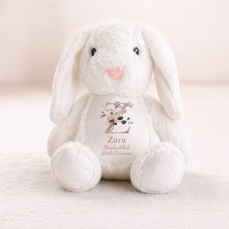 Personalised floral initial bunny gift for Muslim baby girl with name and MashaAllah Little Princess wording