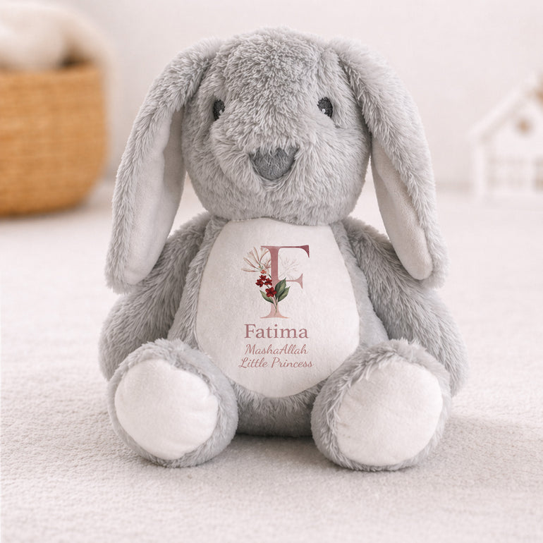 White personalised floral initial bunny for Muslim baby girl gift