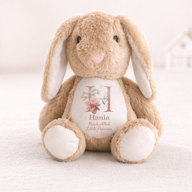 Personalised Eid bunny gift for girls with floral initial design