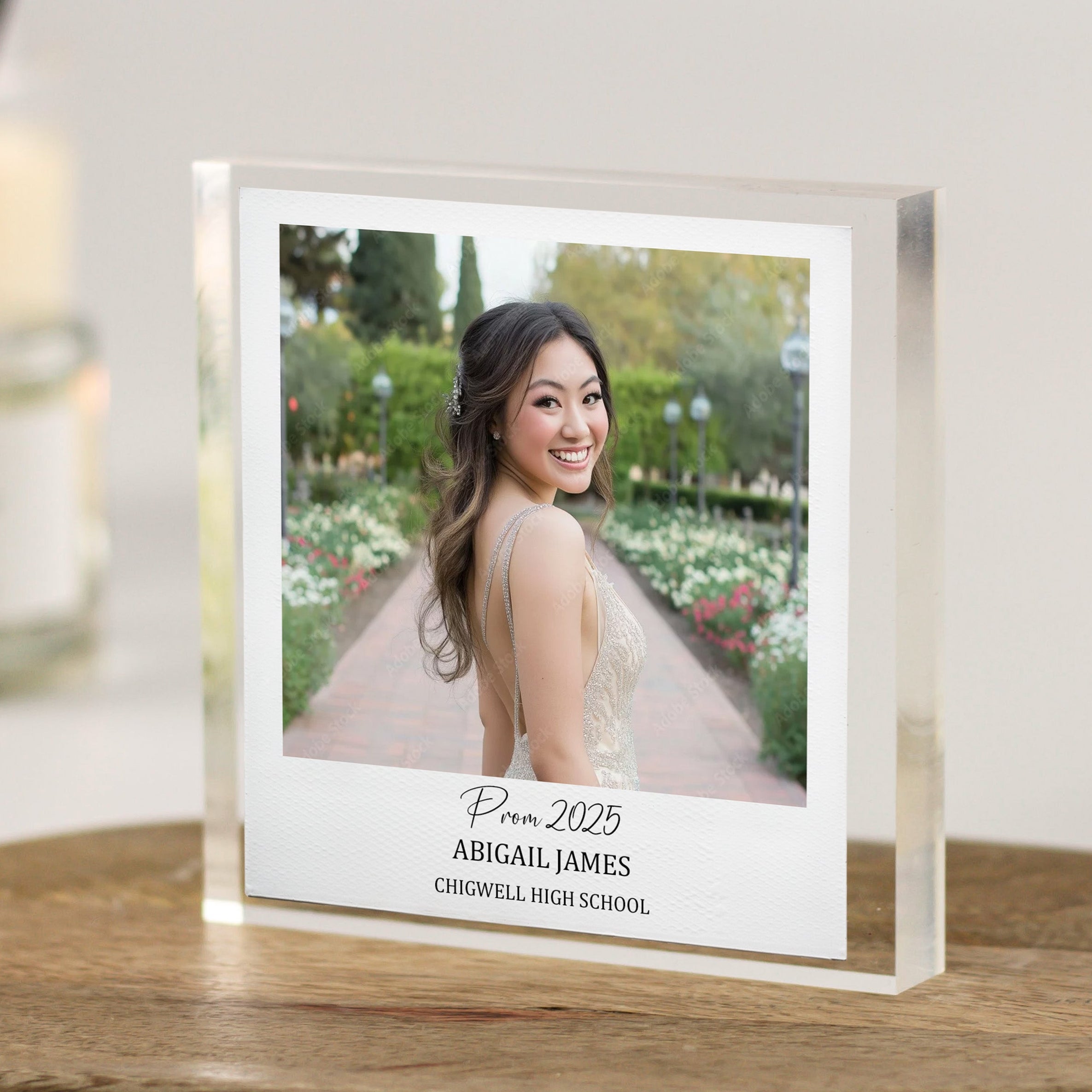 Personalised acrylic polaroid-style photo block with prom photo and school leaver details.