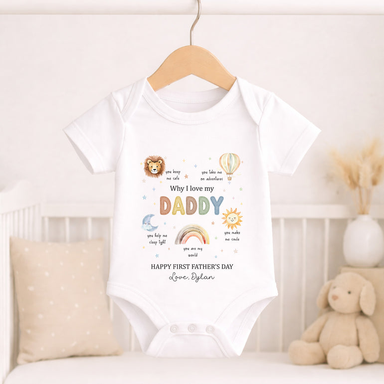 Personalised First Father’s Day baby vest from son with Why I Love My Daddy Little Reasons design and child name.