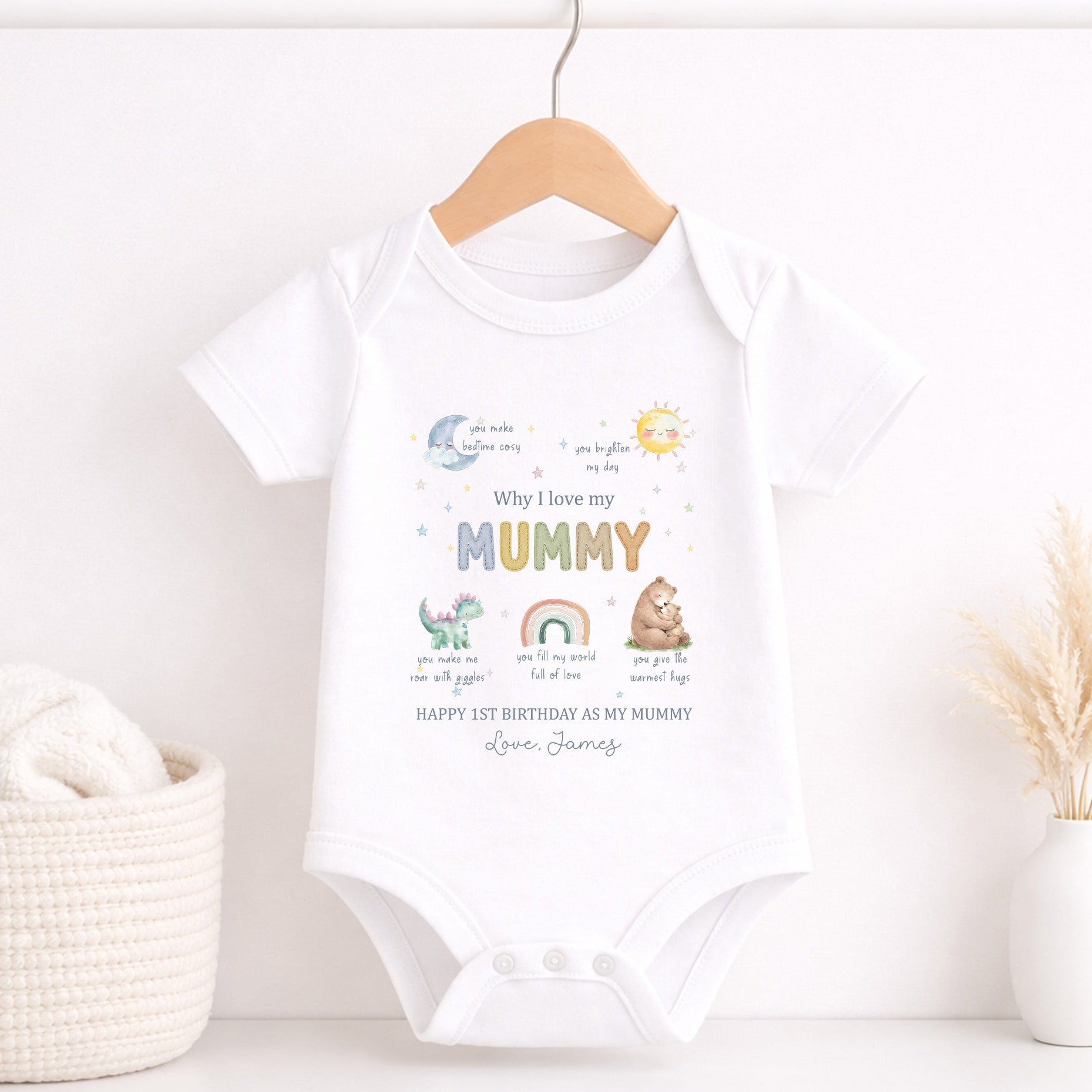 Personalised Happy Birthday Mummy outfit from son with baby vest, baby grow and kids T-shirt options.
