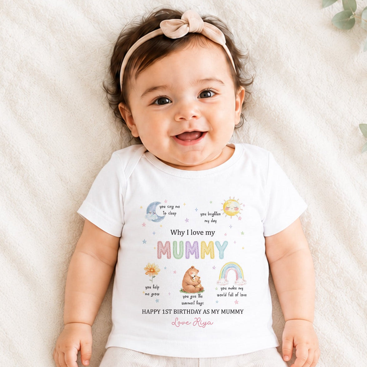 Personalised Happy 1st Birthday As My Mummy baby vest from daughter with pastel reasons I love my Mummy design.