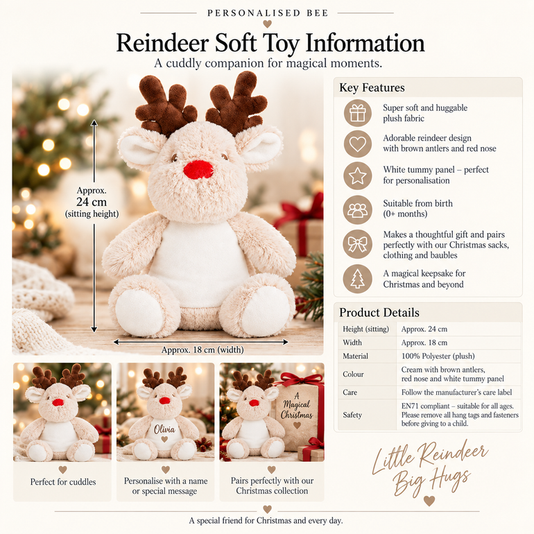 Personalised reindeer soft toy information showing cream Christmas reindeer with brown antlers and red nose