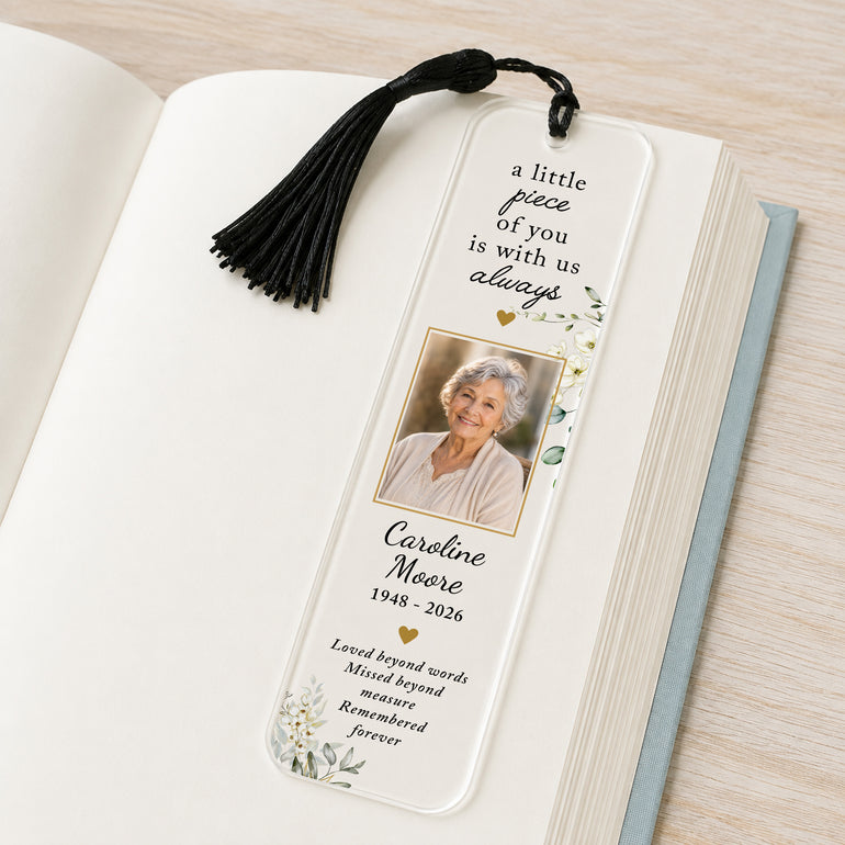 Personalised memorial photo bookmark with loved one's photograph, name, memorial dates, botanical flowers and black tassel.