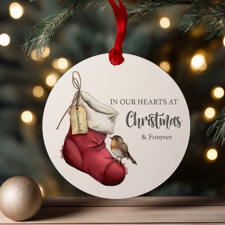 Personalised memorial robin Christmas bauble with stocking design hanging on tree