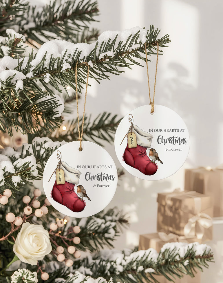 White acrylic remembrance bauble for loved one with robin illustration