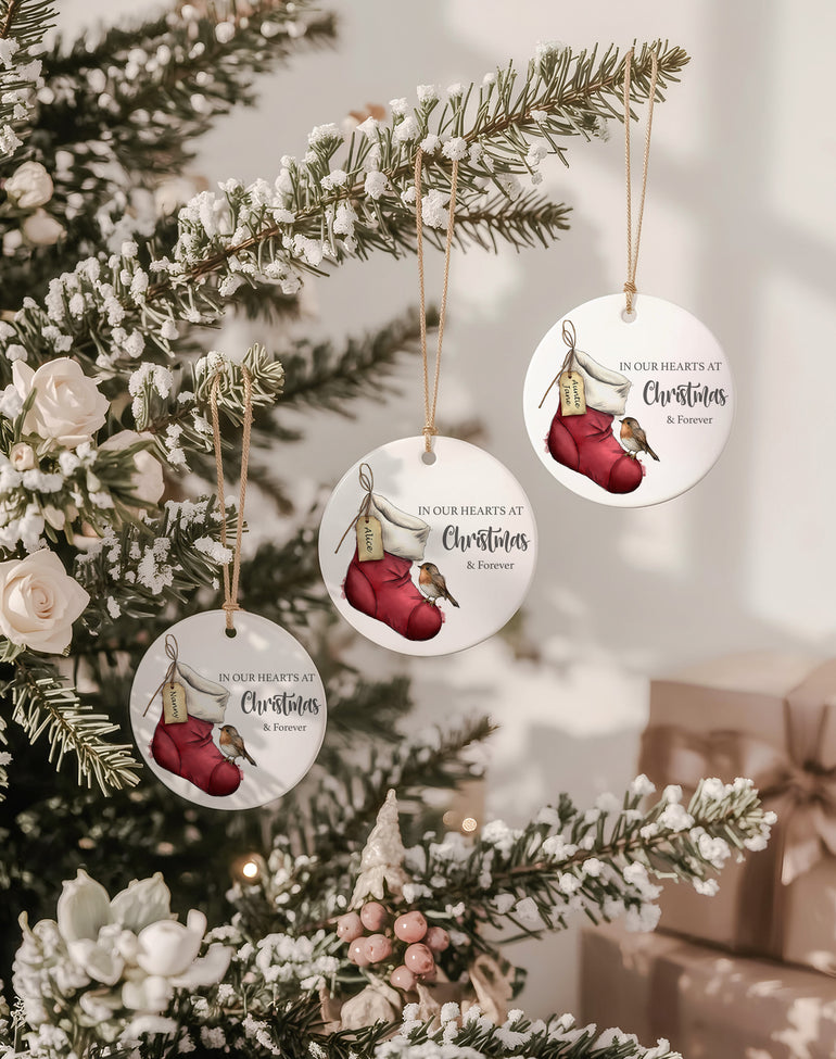 In memory Christmas ornament with robin and red stocking personalised with name