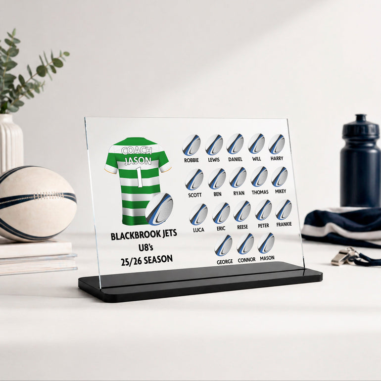 Personalised rugby coach thank you acrylic plaque with custom green and white rugby shirt, team name, season wording and player names with rugby ball designs.