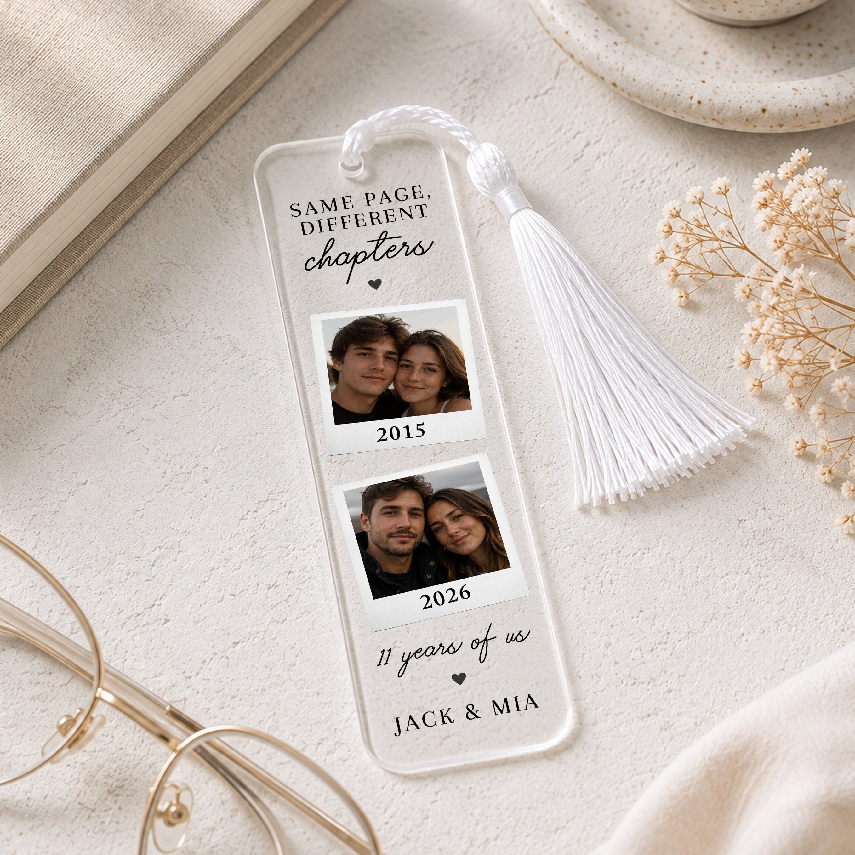 Personalised couples photo bookmark with two then and now photographs, relationship years, names and white tassel.