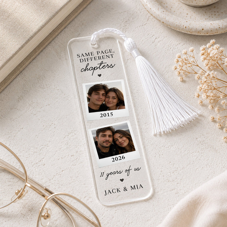 Personalised couples photo bookmark with two then and now photographs, relationship years, names and white tassel.
