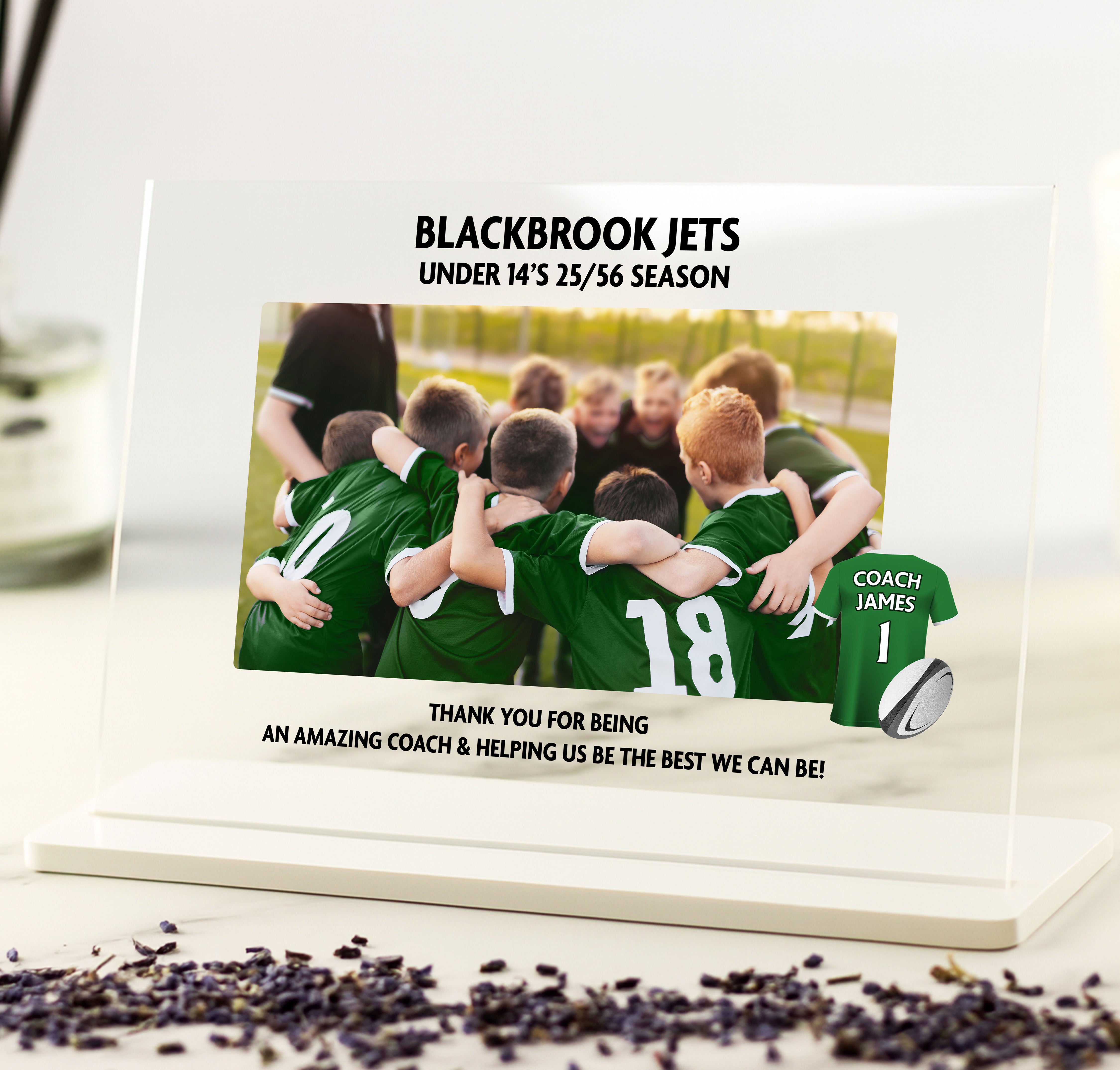 Personalised rugby coach thank you plaque with team photo