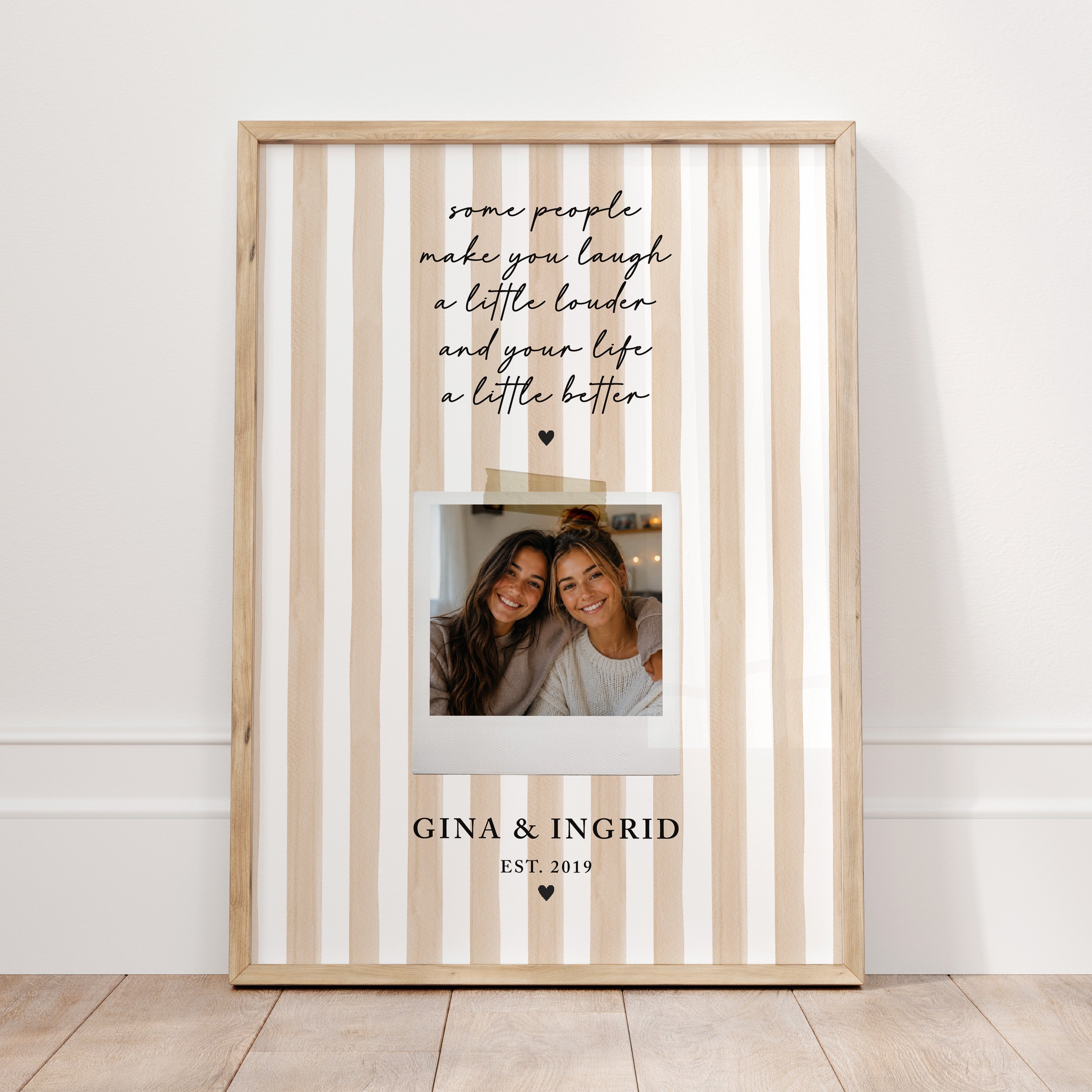 Personalised friendship photo print with cream striped background, best friend photograph, names, established year and sentimental friendship quote.