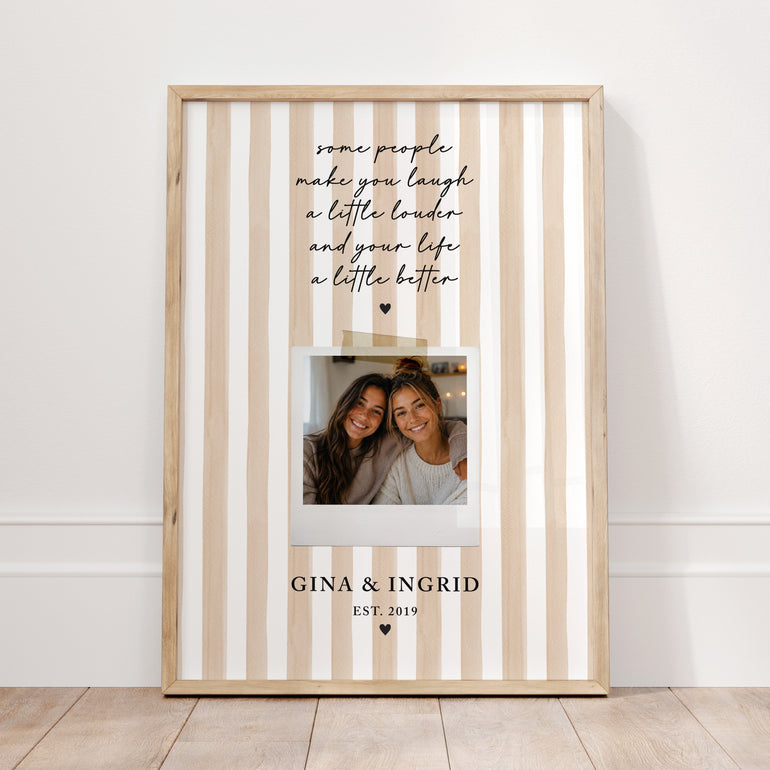 Personalised friendship photo print with cream striped background, best friend photograph, names, established year and sentimental friendship quote.