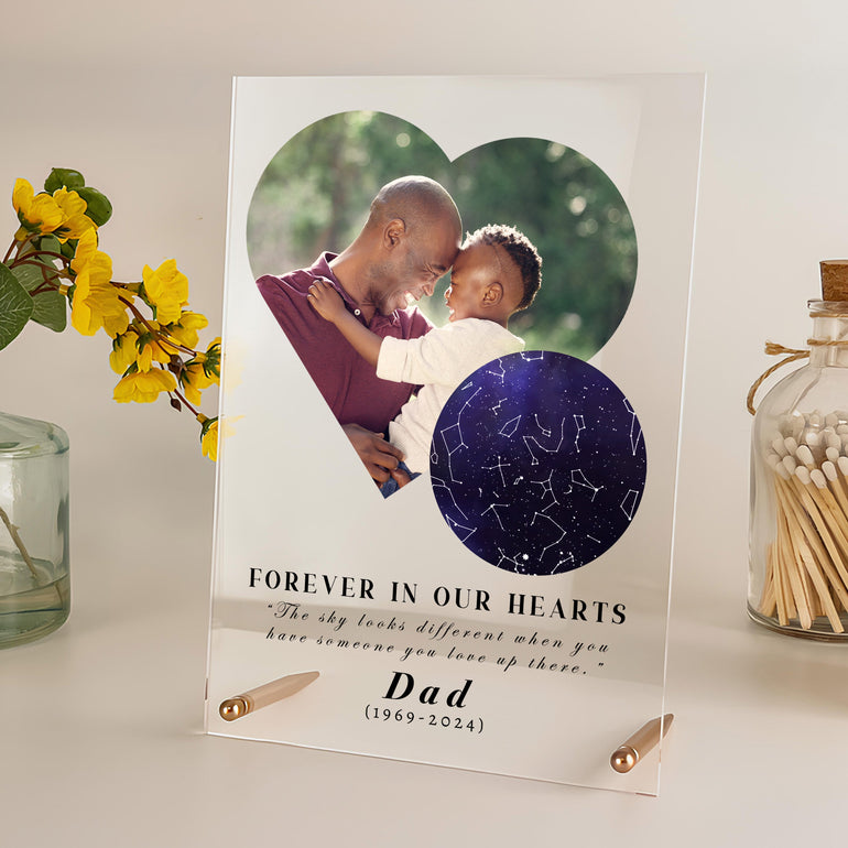 Portrait acrylic memorial plaque with polished metal rods, featuring photo and star map – remembrance and Christmas gift for loss of loved one.