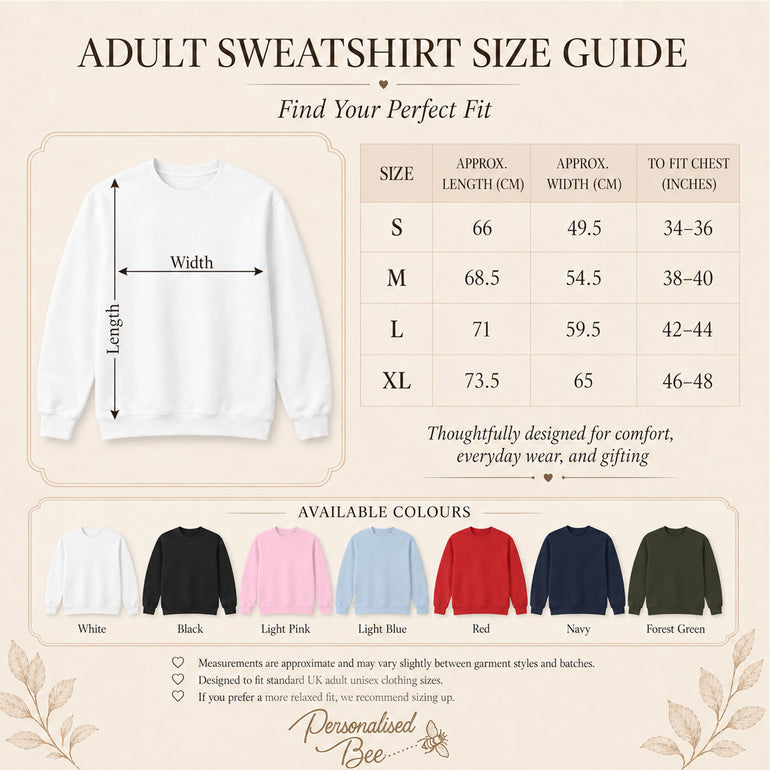 Adult sweatshirt size guide showing length, width and chest measurements for sizes S to XL, with seven colour options