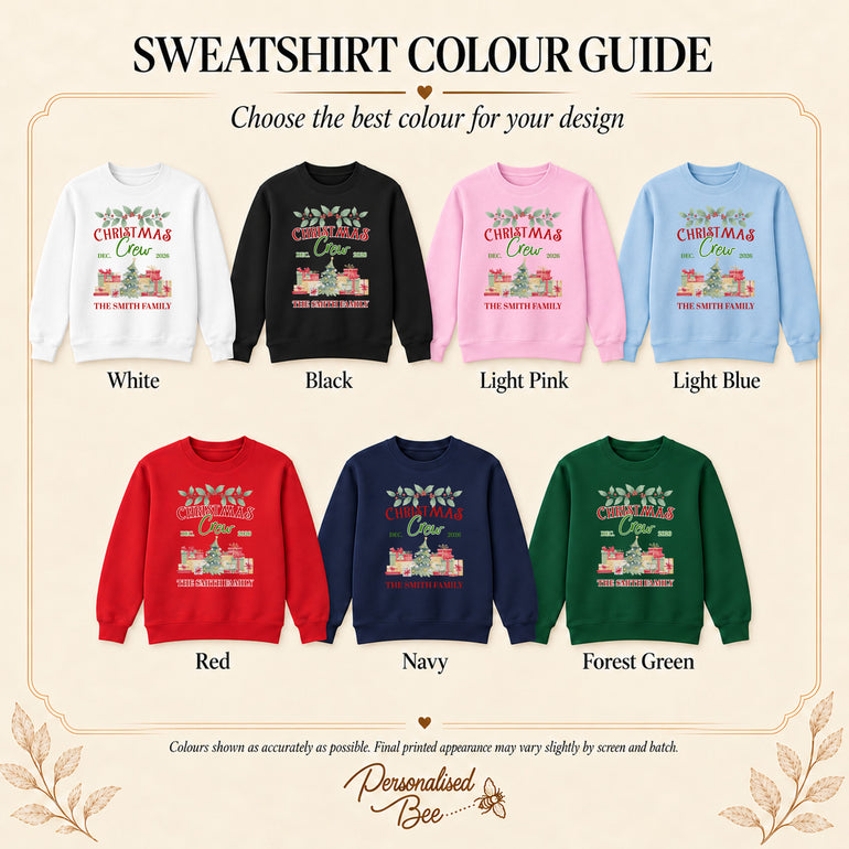 Christmas Crew Jumper sweatshirt colour guide: white, black, light pink, light blue, red, navy and forest green
