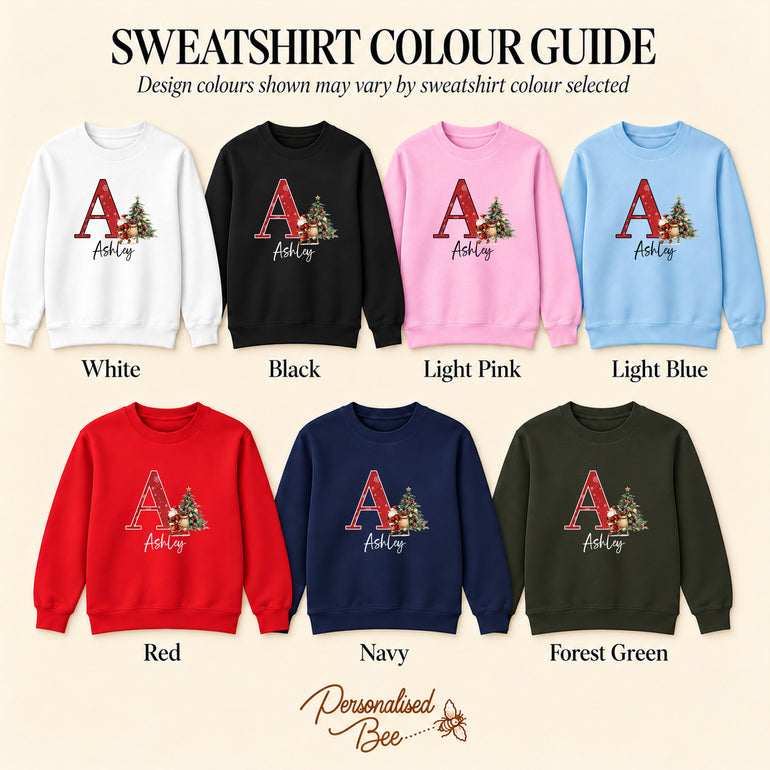 Custom Christmas Jumper sweatshirt colour guide: white, black, light pink, light blue, red, navy and forest green