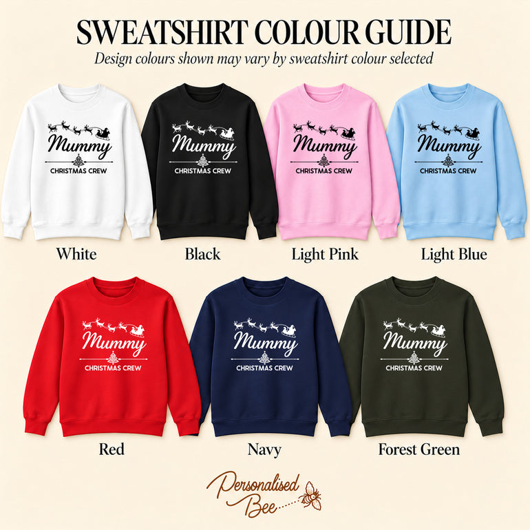Mum and Daughter Christmas Jumper sweatshirt colour guide: white, black, light pink, light blue, red, navy and forest green