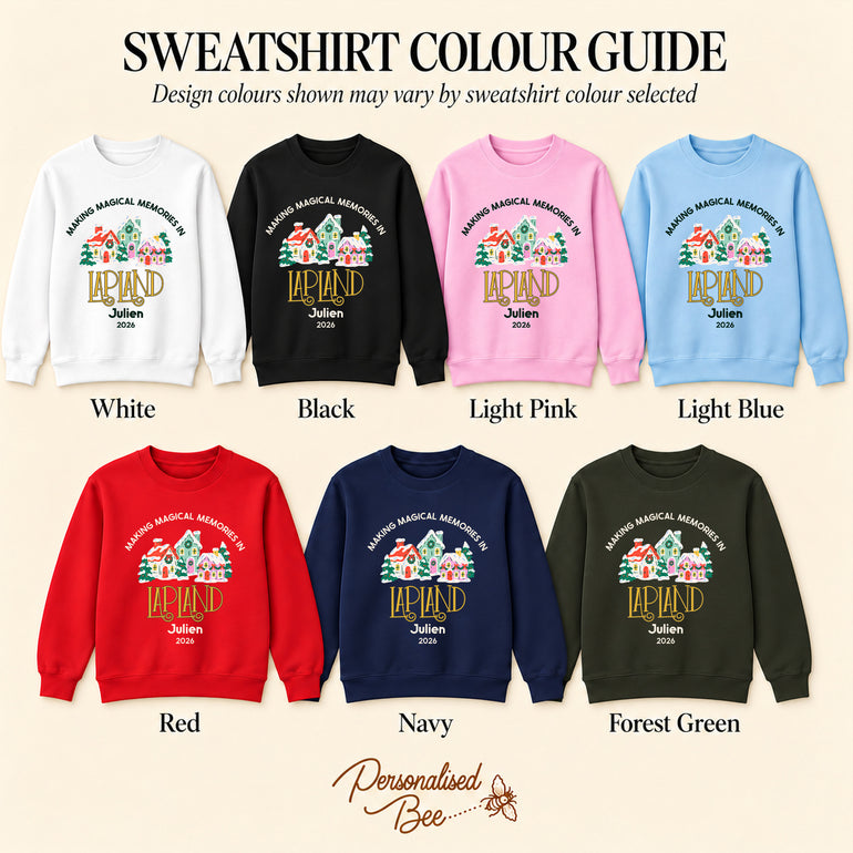 Lapland Jumper sweatshirt colour guide: white, black, light pink, light blue, red, navy and forest green