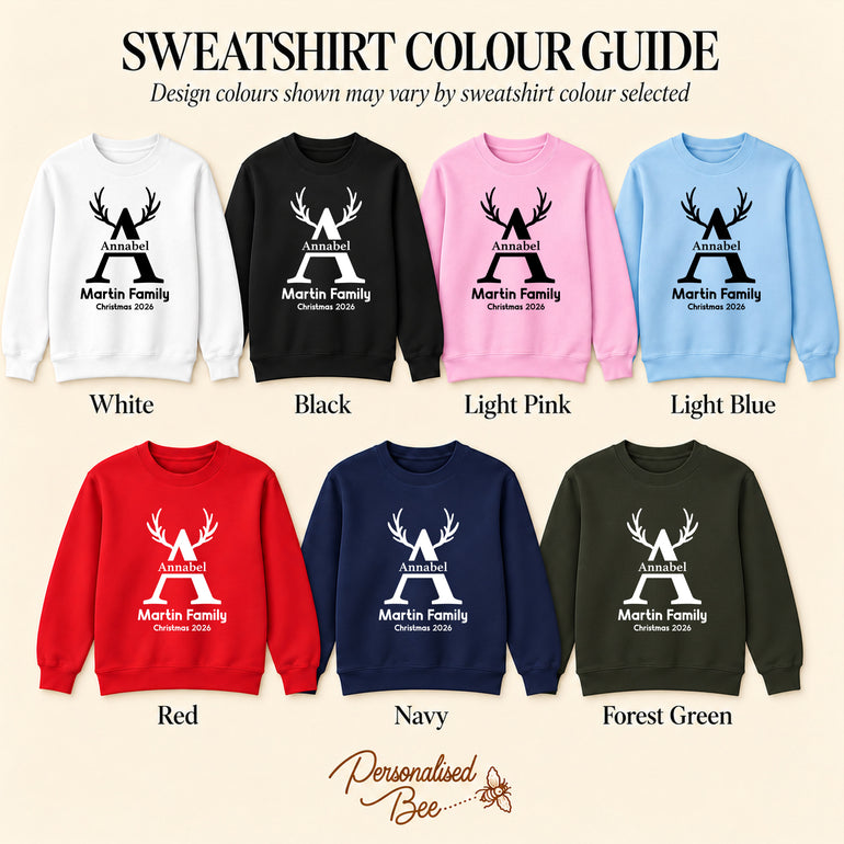 Matching Family Jumpers sweatshirt colour guide: white, black, light pink, light blue, red, navy and forest green