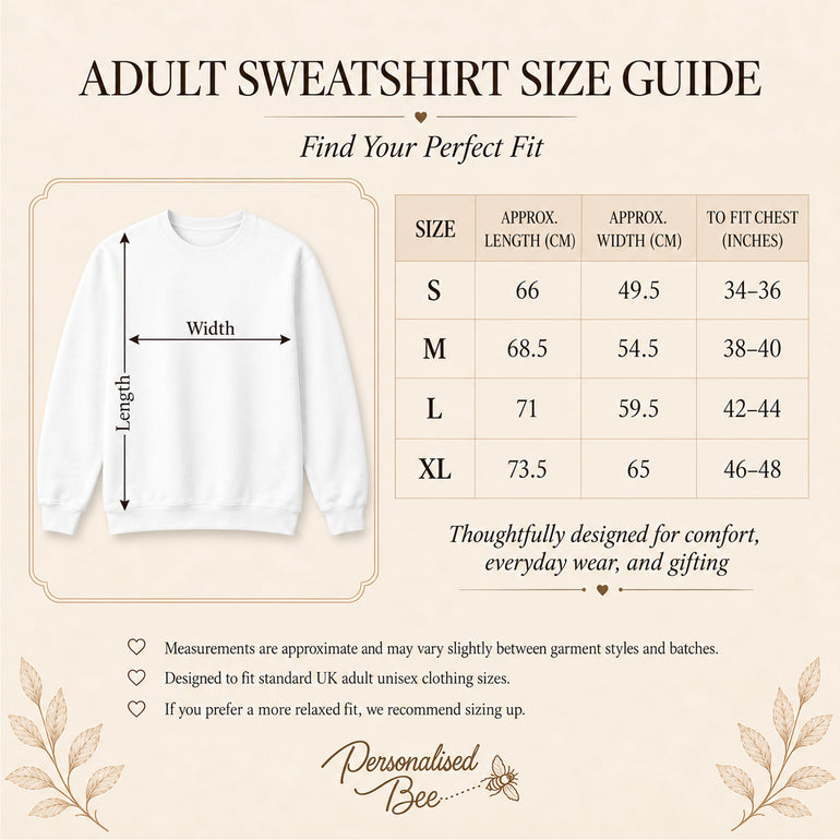 Adult white sweatshirt size guide showing length, width and chest measurements for sizes S to XL