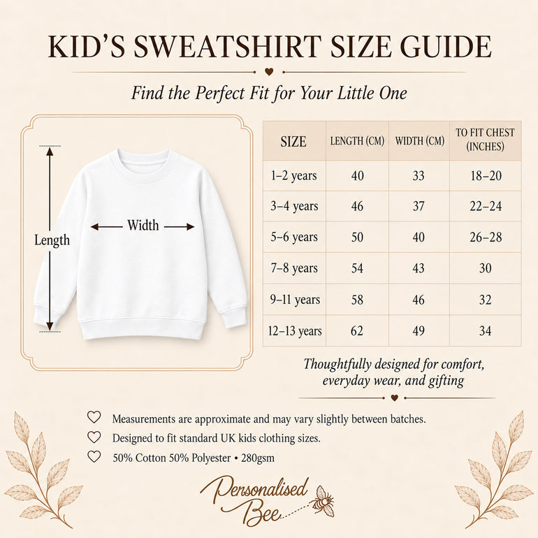 Children's white sweatshirt size guide showing measurements for ages 1-2 to 12-13 years