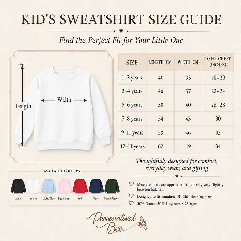 Kids sweatshirt size guide showing length, width and chest measurements for ages 1-2 to 12-13 years, with seven colour options